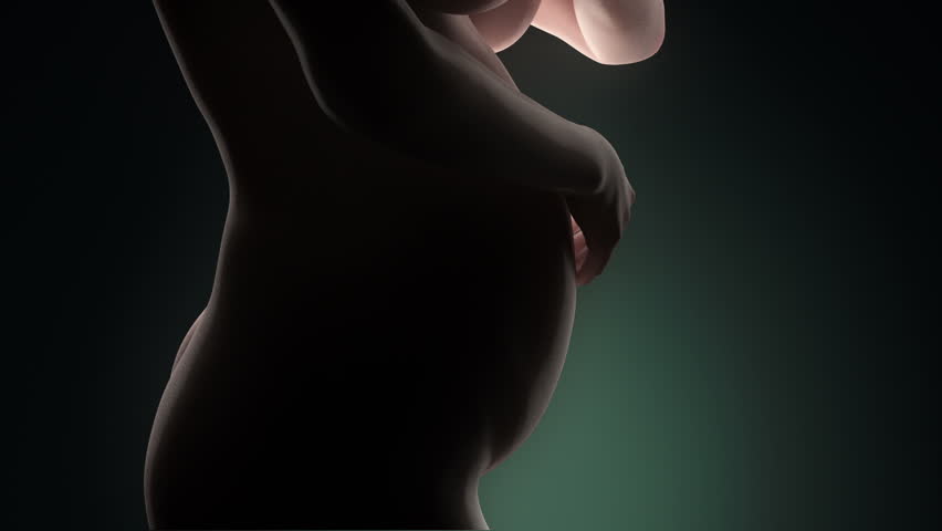 Silhouette of naked pregnant woman in timelapse