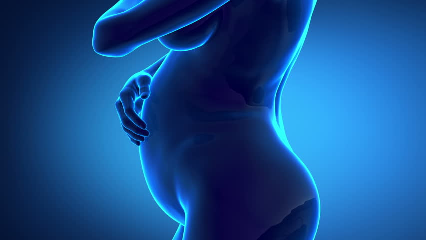 Silhouette of naked pregnant woman in timelapse