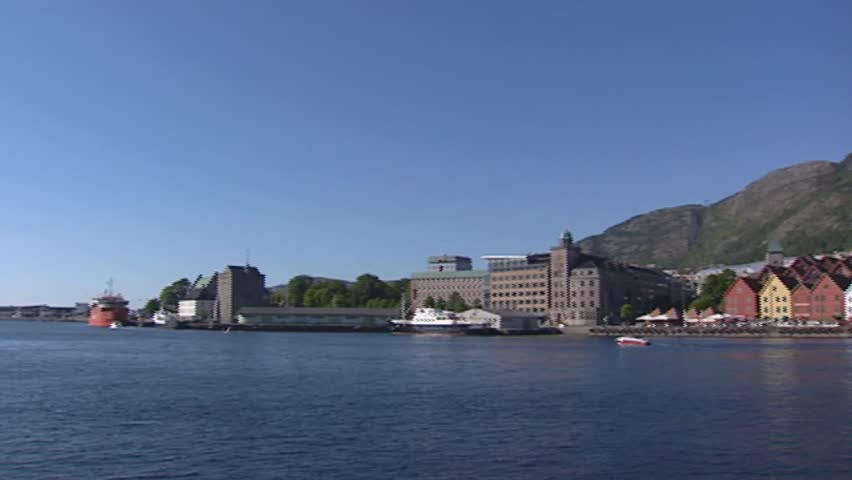 BERGEN, NORWAY: pan skyline hanseatic town of Bryggen, the old wharf  of Bergen in Norway.  Bryggen was an important Hanseatic town from the 14th to the 16th century and is a World Heritage Site.