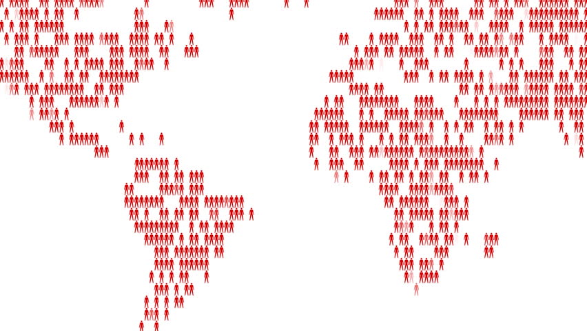 Camera pulls out to show hundreds of stylized people making up the continents of the world.