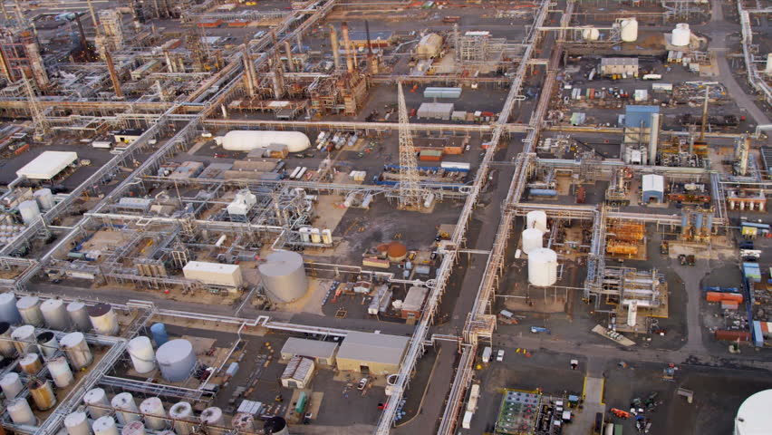 Aerial view refinery generating and producing energy to power American cities, North America