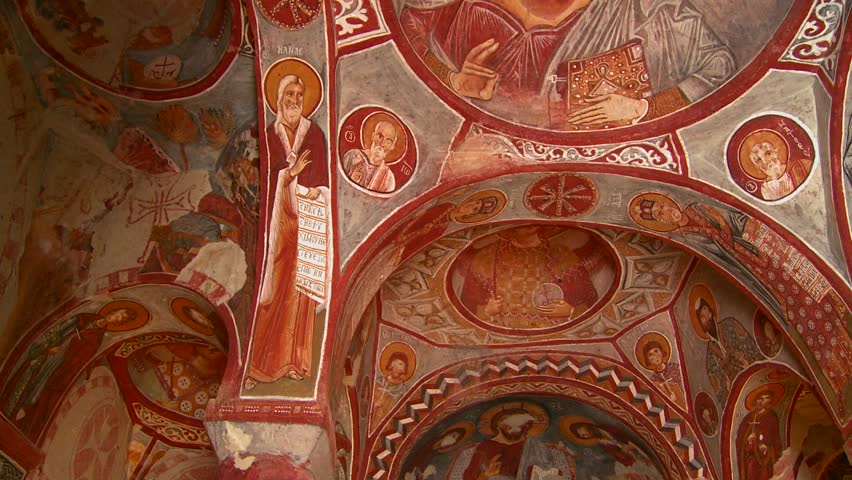 CAPPADOCIA, TURKEY - CIRCA 2012: Low angle view of Christian painted ceilings in a cave near Cappadocia, Turkey.