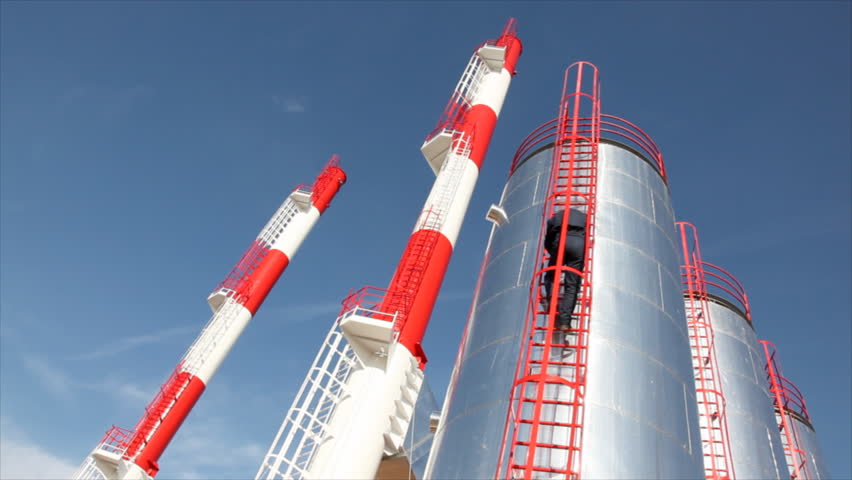 Modern Industry and Worker, industrial chimney and silo.