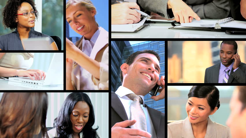 Montage young ambitious multi ethnic city business people working modern technology hearing news success