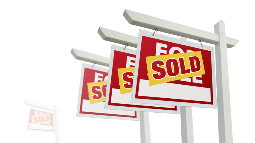 Sold Real Estate Signs Lining up on a White Background with Colorful Stars Panning.