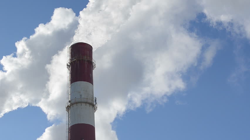 white smoke fume vapour rise industrial factory chimney panorama on background of blue sky. boiler-house heating all city houses in winter.