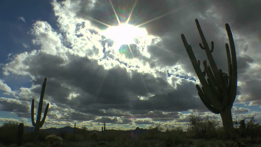Time Lapse, Beautiful Arizona desert landscape, sun star,  storm cloud scenic. 1080p