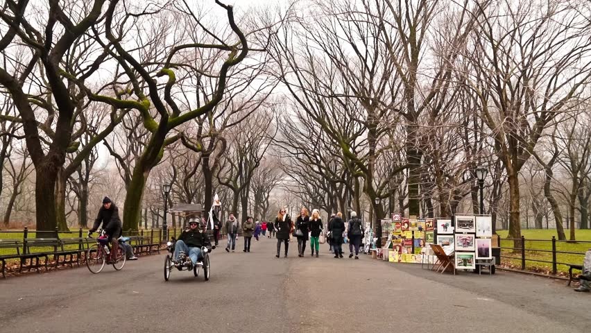 NEW YORK - JANUARY 15, 2013: Time Lapse of tourist walking along Poets Way during the winter season in Central Park in New York City