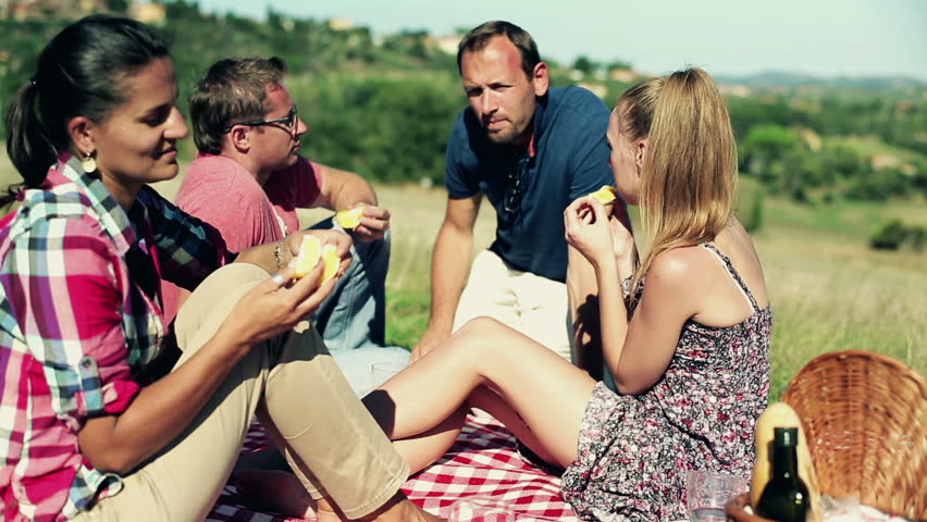 Group of happy friends on a picnic
