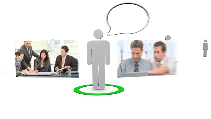 Screens revolving around digital characters with speech bubble
