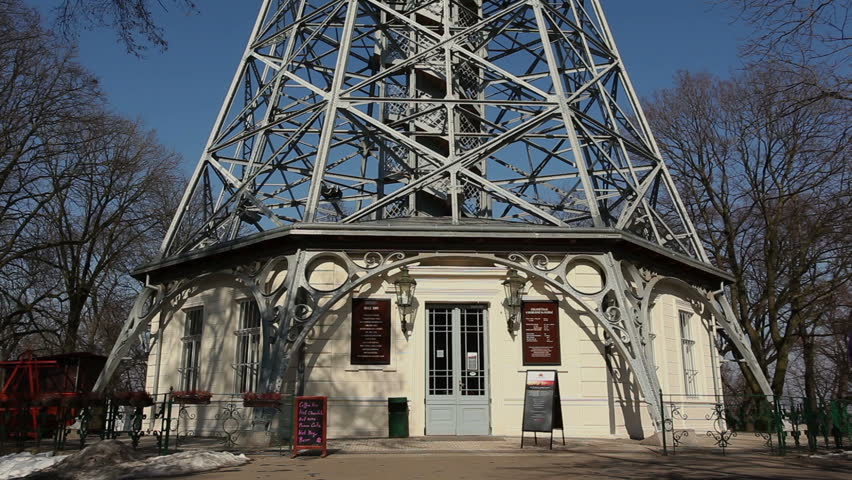 Petrin Lookout Tower (Petrinska rozhledna), a 60 metres high steel framework tower in Prague, Czech Republic.