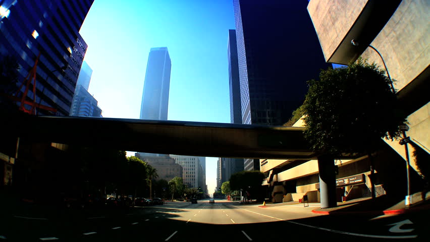Point-of-view with fish-eye of driving in downtown Los Angeles