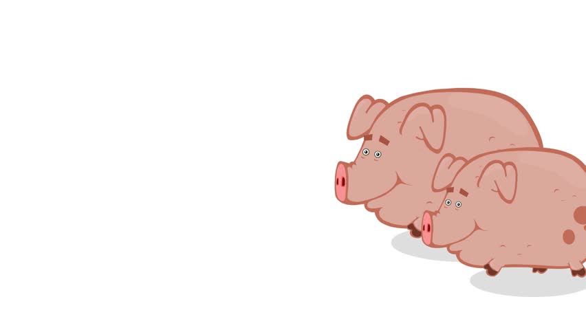 Little cartoon piglet is running after parents pigs
