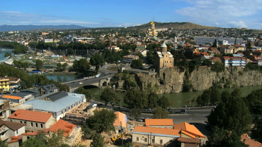  View from Narikala fort towards City of Tbilisi, Mt k vari river ,Metechi Bridge and old city in Tsbilis, Geogia