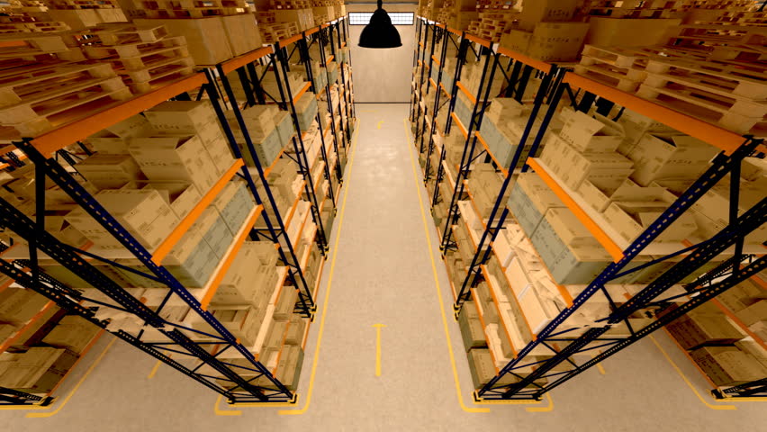 Warehouse interior 3d loopable animation. Camera is moving forward.