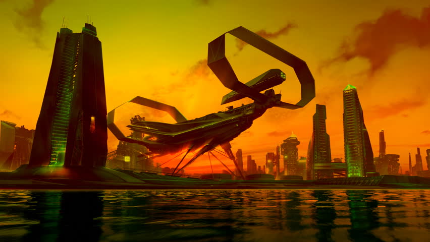 This animation presents you a view of futuristic city skyline.