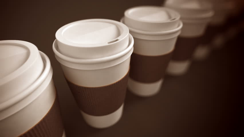 Loopable animation of take-away coffee cups with brown holding stripe.