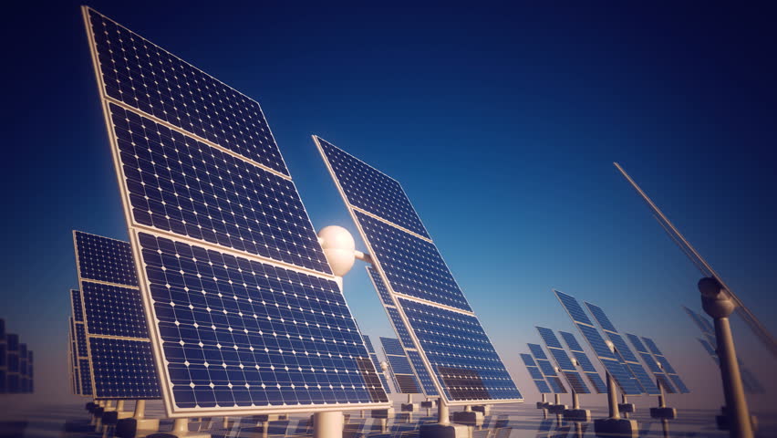 Animation of sunny solar panels in a solar power station under a clear blue sky