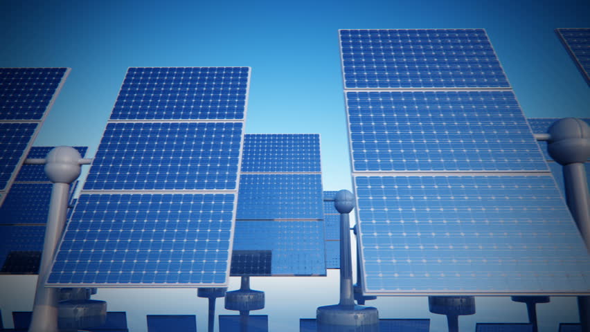 Loopable animation of sunny solar panels in a solar power station. View from top.