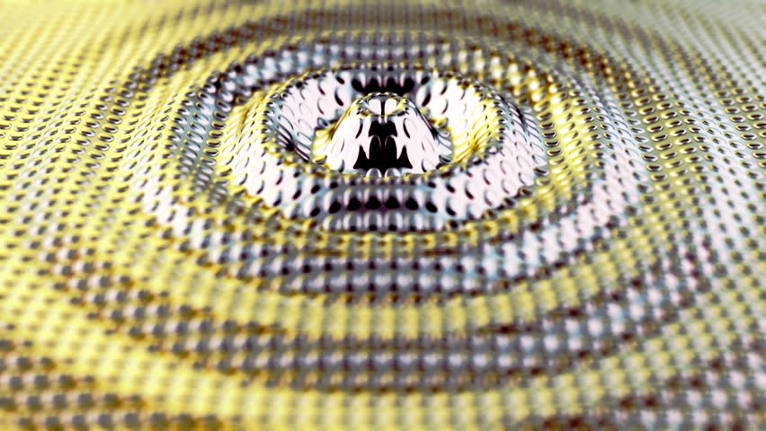 Animation of abstract ripples in shiny malleable silver forming concentric rings around a central droplet with an overall stippled indented surface effect.