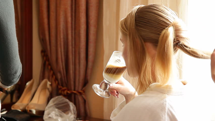Bride is preparing for wedding ceremony â doing hairstyle and makeup. Two frames.