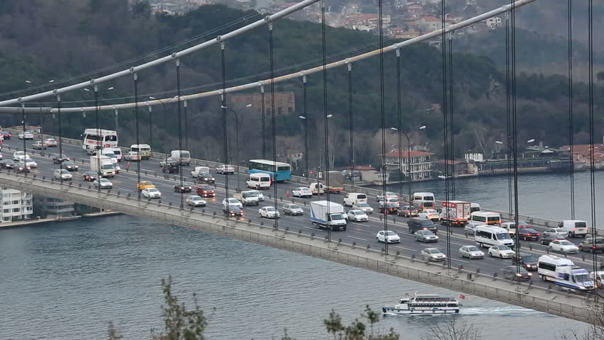 Traffic on the Fatih Sultan Mehmet bridge, Marmara sea, Bosphorus, Istanbul - Turkey