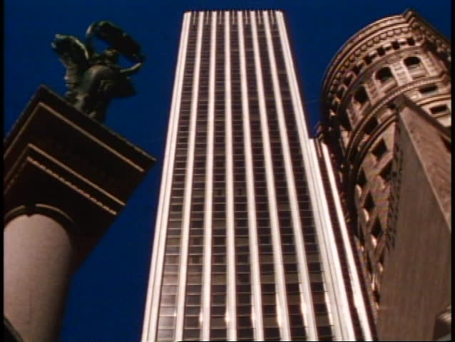 San Francisco, 1970's, modern skyscraper, old column and old building on side, still, no people