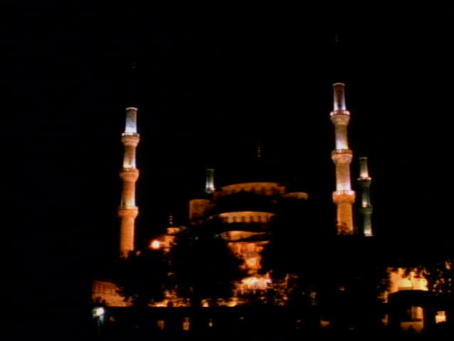 The Blue Mosque of Istanbul at night with four minarets