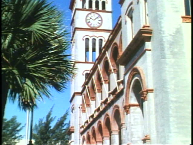 Government Legislative Building atop hill, tower, Hamilton, Bermuda, tilt up