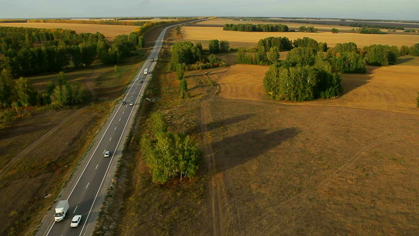 flight over the field and road