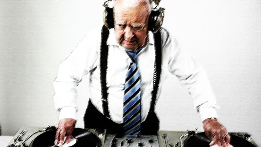 a very funky elderly grandpa dj mixing records
