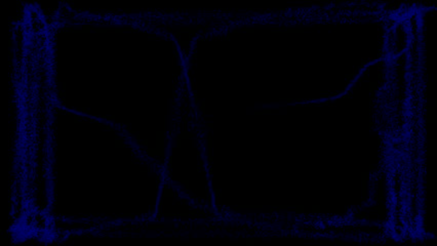 A shimmering dark blue fringe of particles frames the screen