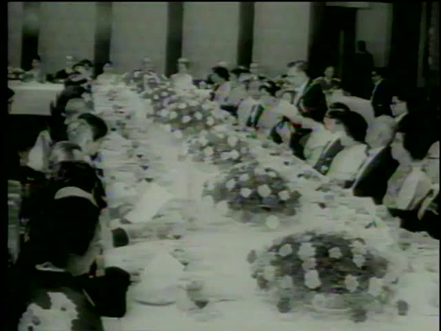Emperor Hirohito of Japan makes a toast at the State dinner for King and Queen of Belgium in Imperial Banquet Hall, Tokyo circa 1964-MGM PICTURES, UNIVERSAL-INTERNATIONAL NEWSREEL, USA, filmed in 1964
