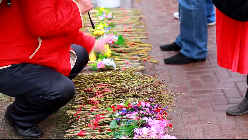 Belarus, Minsk, April 28, 2013: Palm Sunday and selling willow in the city during a religious holiday