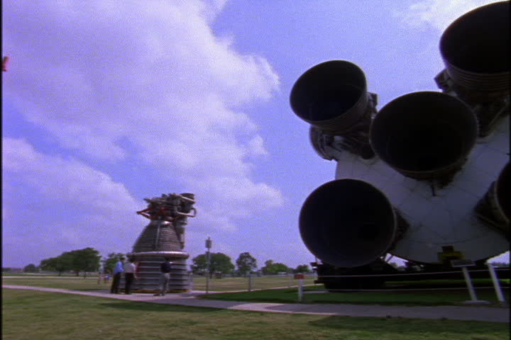 JOHNSON SPACE CENTER, HOUSTON, TEXAS - APRIL 28, 1999: Retired Saturn rockets on the grounds of the Johnson Space Center.