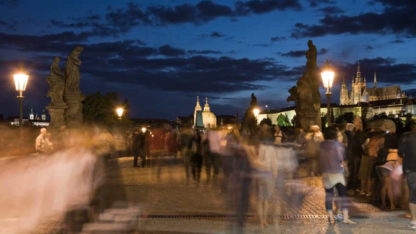 Dusk on Charles bridge with ghosts. Time lapse. HD full 1920x1080, 30fps, shot by high resolution camera, 4:4:4 - no compression, progressive scan, ready for HQ post production.