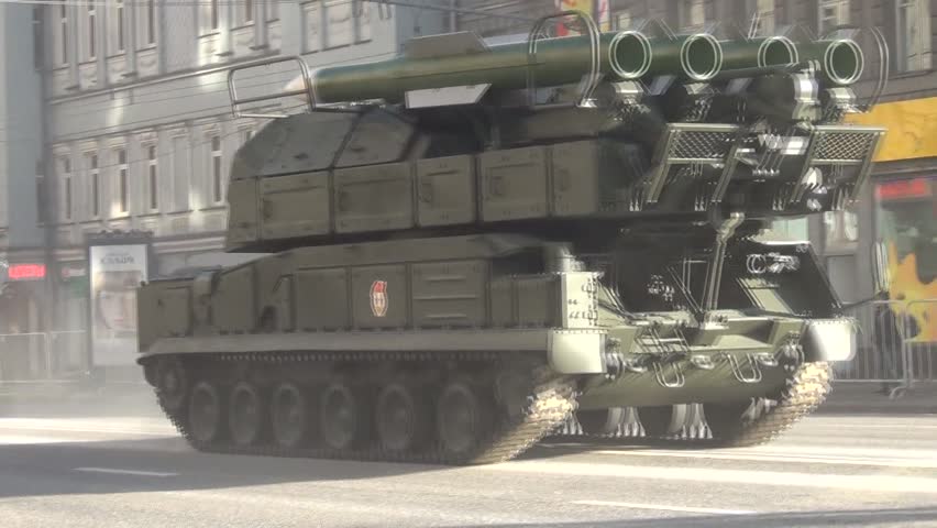 MOSCOW/RUSSIA - MAY 9: Buk-M2 (SA-11 Gadfly) self-propelled, surface-to-air missile systems in motorcade on Tverskaya Street on parade devoted to anniversary of Victory Day on May 9, 2013 in Moscow.
