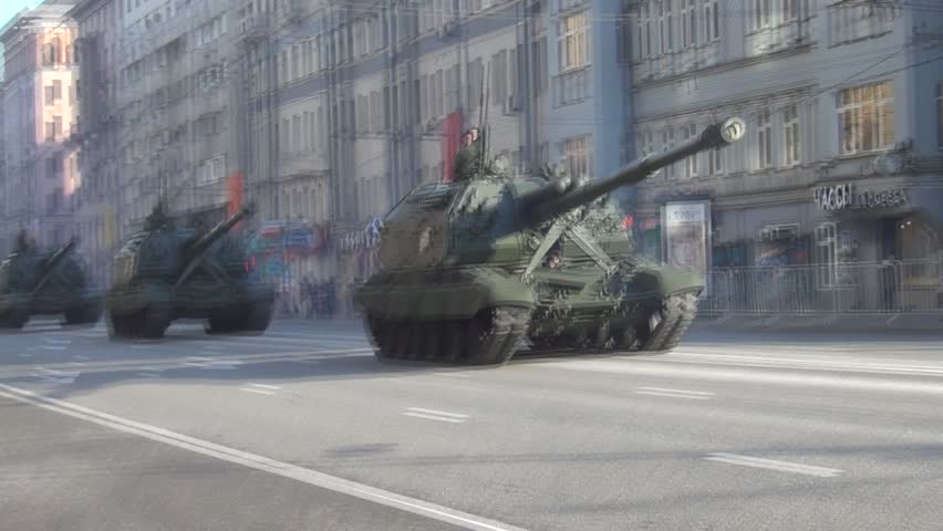 MOSCOW/RUSSIA - MAY 9: 2S19 Msta-S self-propelled 152 mm howitzers move in motorcade on Tverskaya Street during parade festivities devoted to anniversary of Victory Day on May 9, 2013 in Moscow.