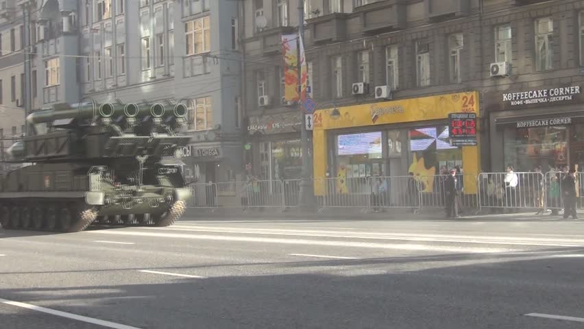 MOSCOW/RUSSIA - MAY 9: Buk-M2 (SA-11 Gadfly) self-propelled, surface-to-air missile systems in motorcade on Tverskaya Street on parade devoted to anniversary of Victory Day on May 9, 2013 in Moscow.