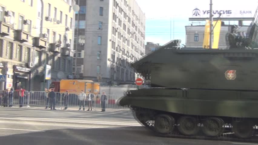 MOSCOW/RUSSIA - MAY 9: 2S19 Msta-S self-propelled 152 mm howitzers move in motorcade on Tverskaya Street during parade festivities devoted to anniversary of Victory Day on May 9, 2013 in Moscow.