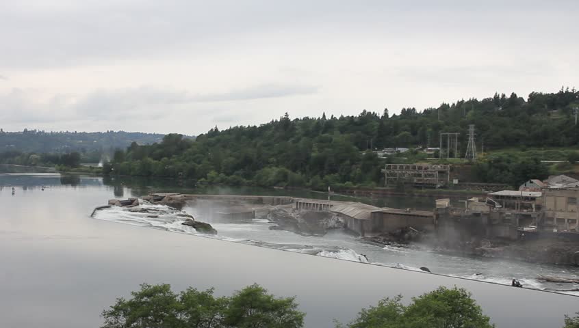 Willamette Falls in Oregon City with Hydro Electric Generator Facility and Paper Mills Panning 1920x1080