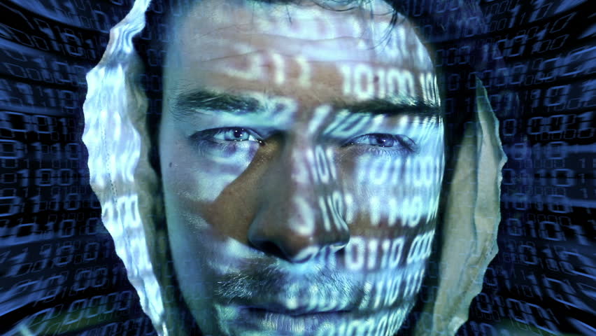 ID theft looking at the camera with binary codes reflections

