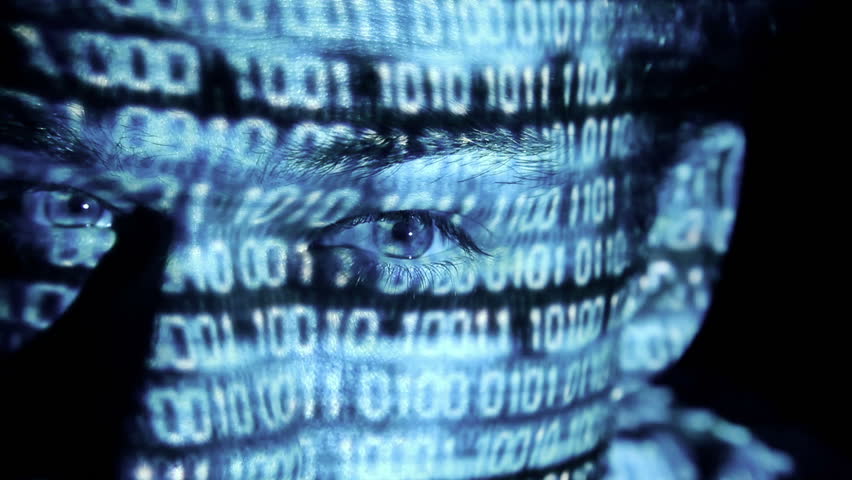 ID theft looking at the camera with binary codes reflections and animations
