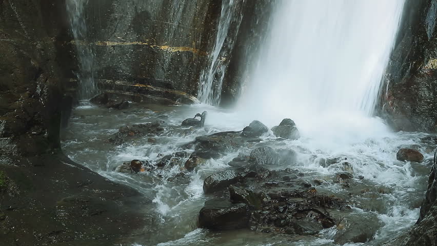 Forest waterfall, water splashing while falling over rocks 