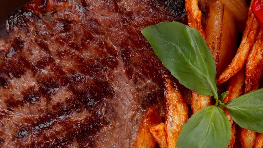 main course : grill beef steak with potato chips and fresh cherry tomato red hot chili peppers on plate 1920x1080 intro motion slow hidef hd