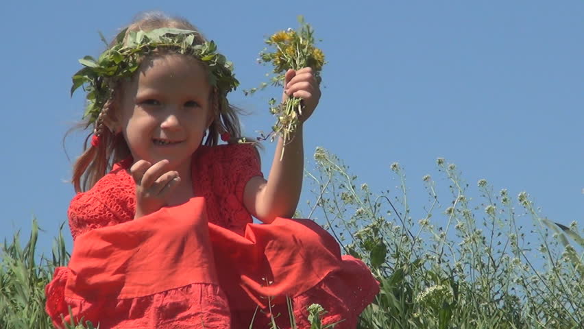 Child with Willow Wreath Playing with Flowers on a Filed, Meadow, Children