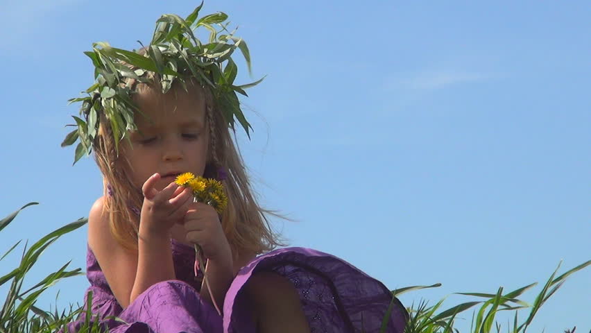 Child with Willow Wreath Playing with Flowers on a Filed, Meadow, Children