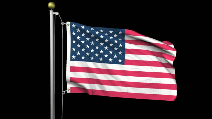  American flag waving on a flag pole with luma matte included.  Flag has an accurate design and a detailed fabric texture with partial transparency.