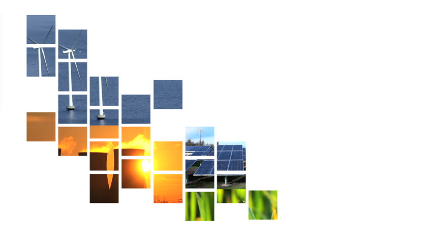 Moving collage of graphics showing renewable energy sources