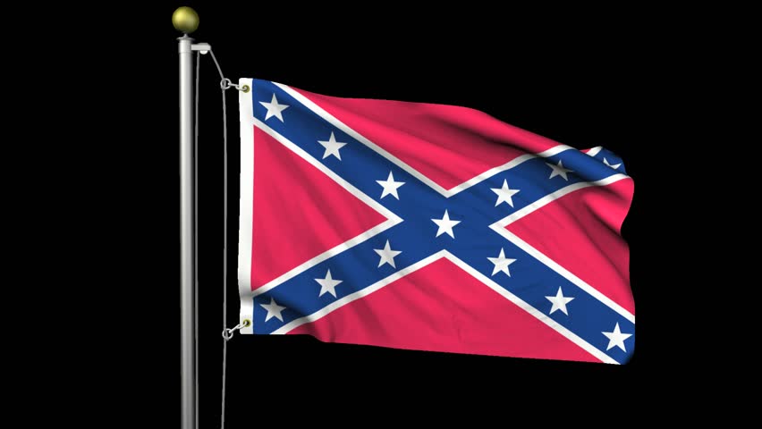 Seamless looping high definition video of the Confederate flag waving on a flag pole with luma matte included.  Flag has an accurate design and a detailed fabric texture with partial transparency.   